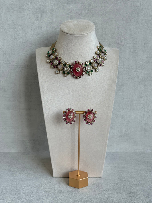 Ayura Designs Nova Necklace Set with Stud Earrings – Rose Pink Centre Stone, Kundan Detailing & Multicolour Gemstone Accents