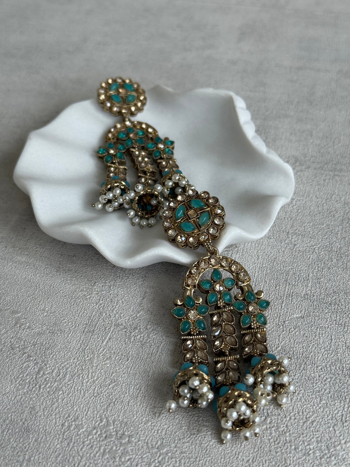 Ayura Designs Soraya Earrings – Turquoise Stones, Champagne Crystals, Pearl Detailing & Gold Finish