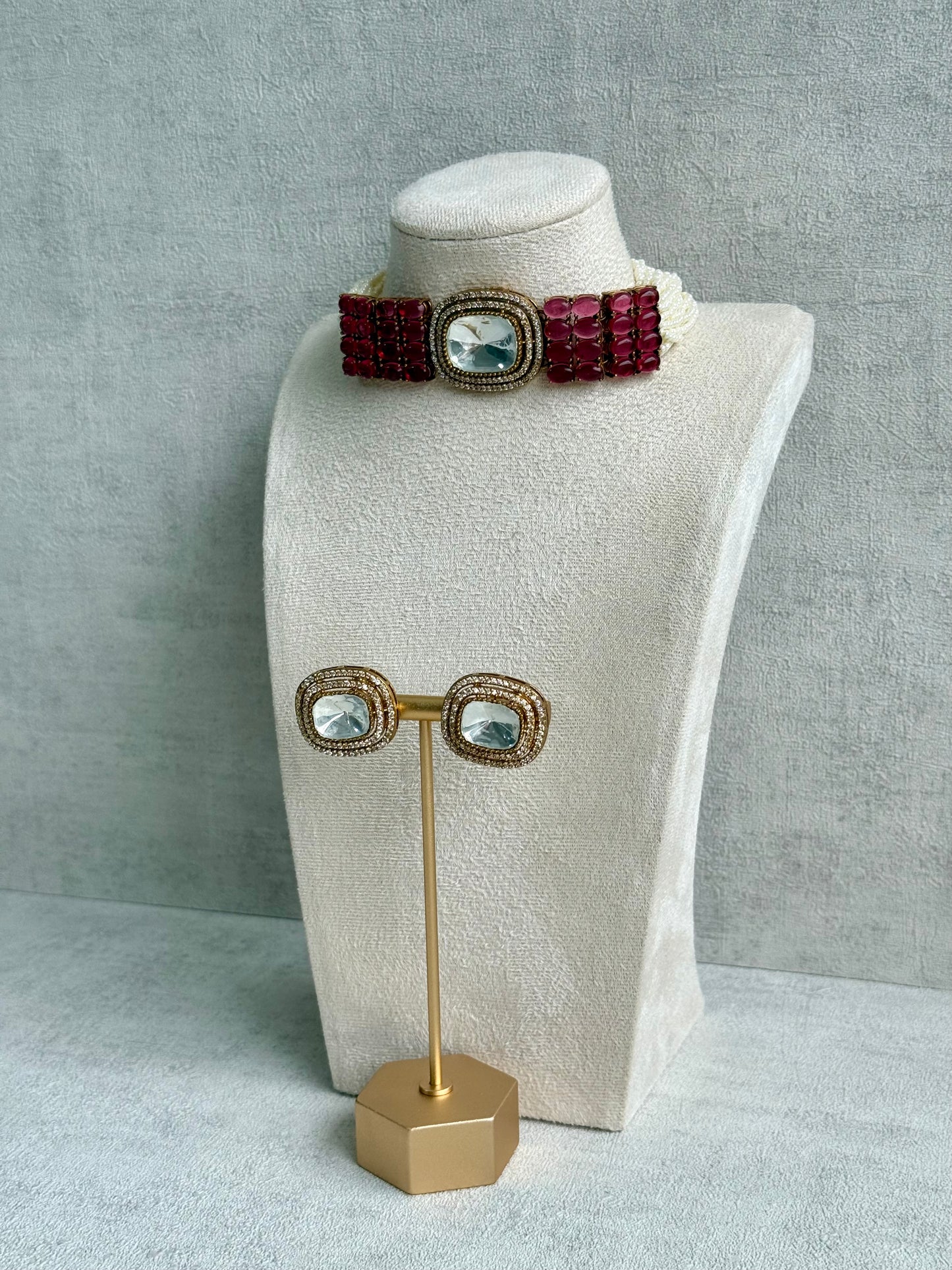 Ayura Designs Emma Choker Set – Ruby Fuchsia Gemstone Choker & Studs with Mirror-Cut Centrepiece, Pearl Strands & Crystal Borders