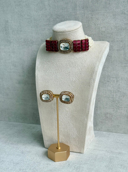 Ayura Designs Emma Choker Set – Ruby Fuchsia Gemstone Choker & Studs with Mirror-Cut Centrepiece, Pearl Strands & Crystal Borders