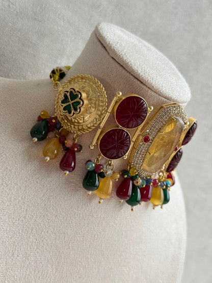 Ayura Designs Faizaan Choker Set with Earrings – Multicolour Stone Drops, Carved Ruby Details & Antique Gold Finish