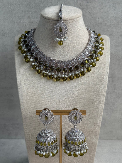 Ayura Designs Rayal Set – Silver Necklace, Jhumkis & Tikka with Olive Green Stones & Pearl Detailing