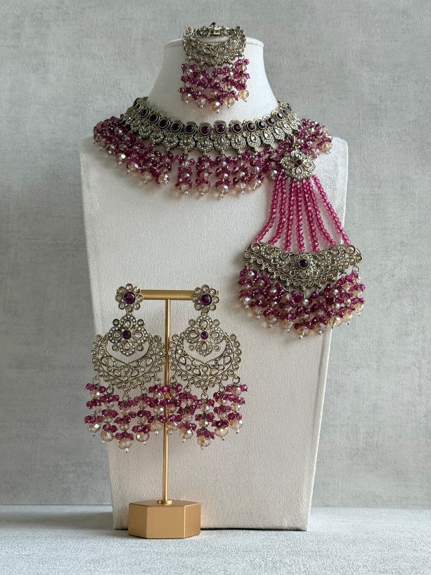 Ayura Designs Dilnaz Necklace Set with Earrings, Tikka & Passa – Berry Pink & Champagne Crystal Beads & Antique Gold Finish