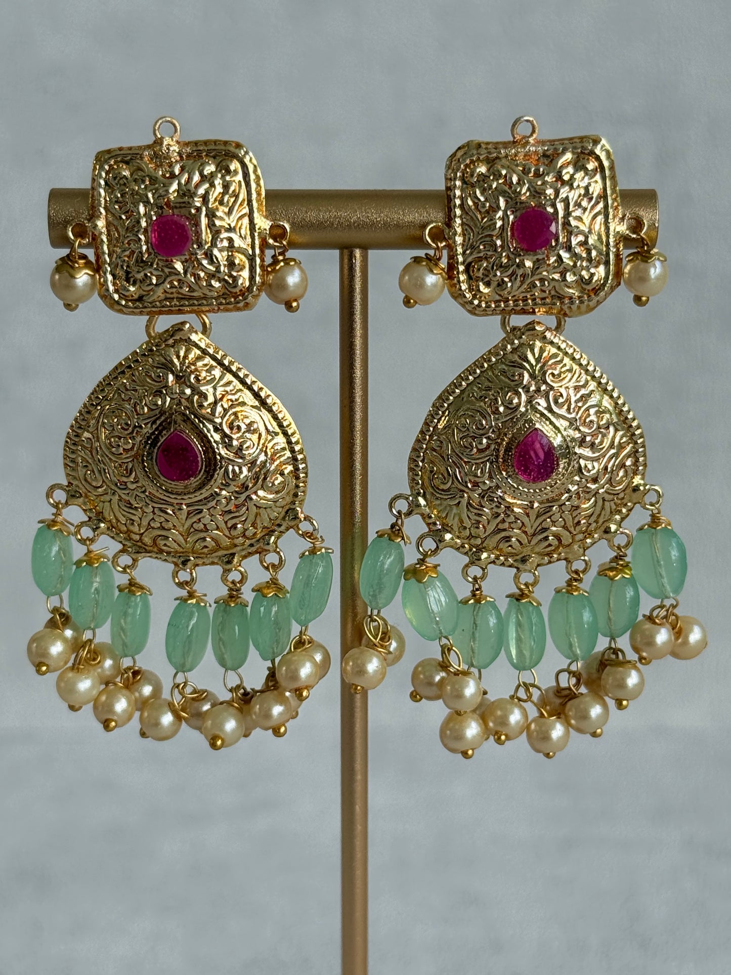 Ayura Designs Chetna Choker Set with Earrings & Tikka – Mint Green Beads, Cream Pearl Drops with Pipal Patti Detailing