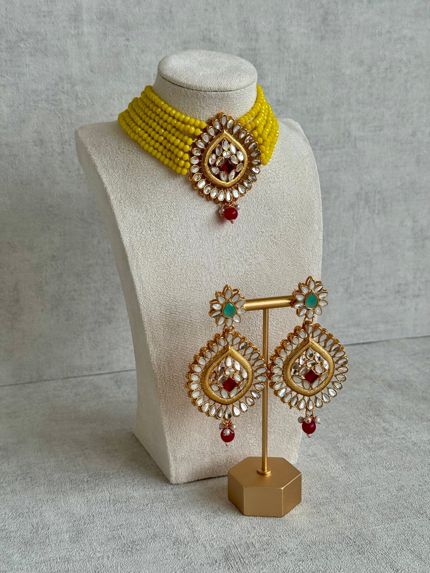 Ayura Designs Baani Kundan Choker with Earrings – Ruby Red Stones, Yellow Strands & Pearl Detailing