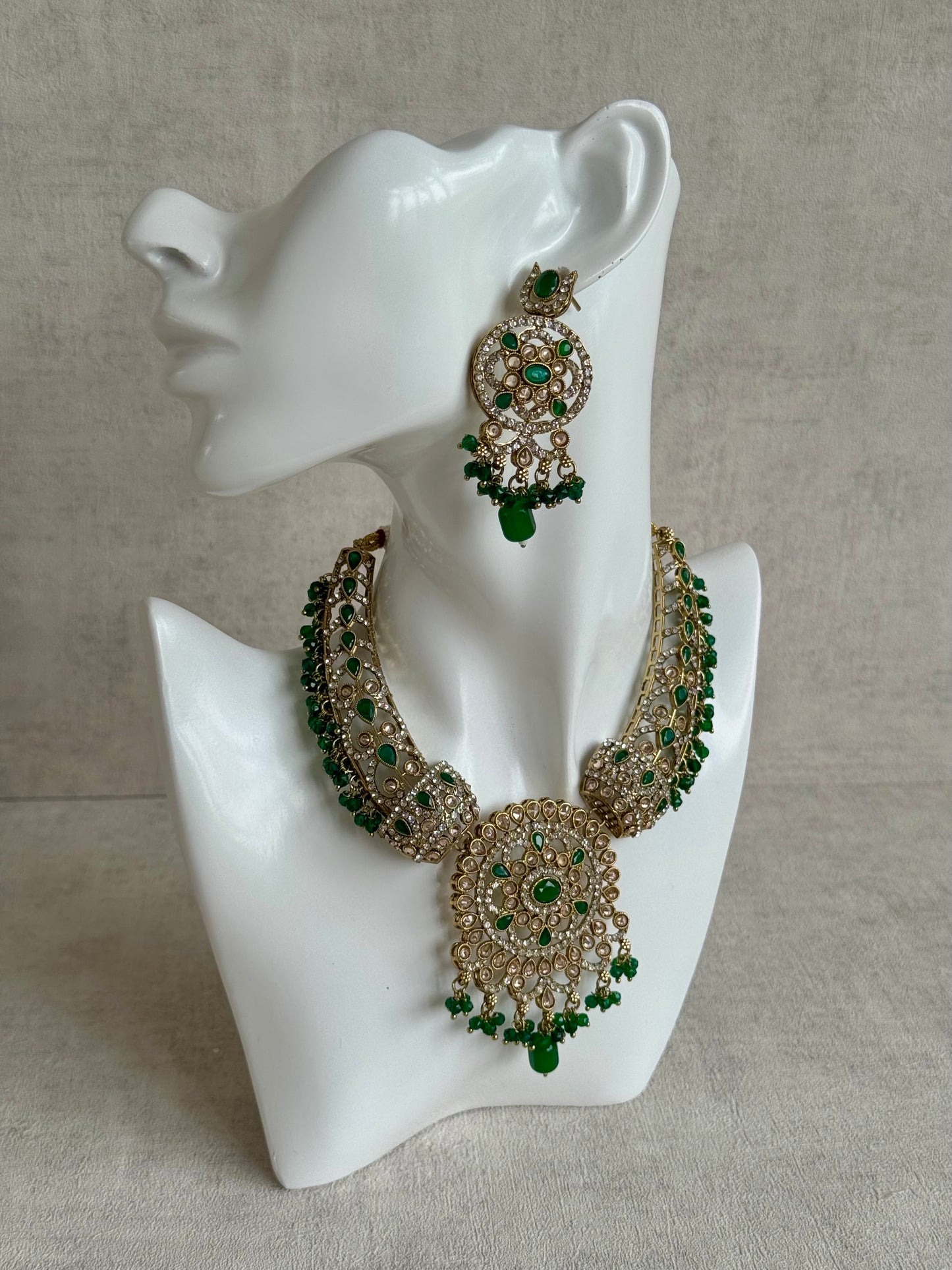 Ayura Designs Aleeza Set with Jhumkis & Tikka – Antique Finish with Champagne Polki Stones, Emerald Detailing & Beaded Drops