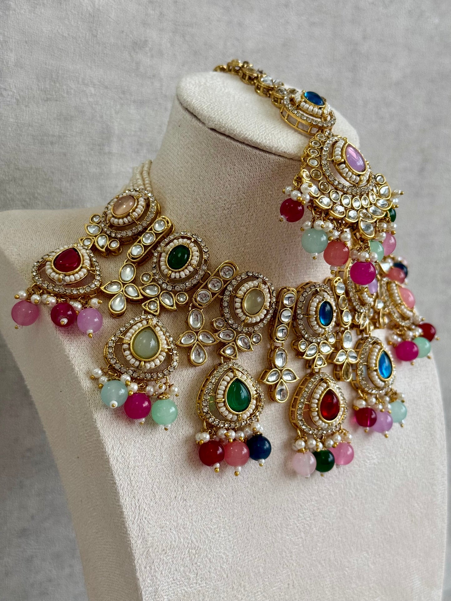 Ayura Designs Janvi Set with Necklace, Earrings & Tikka – Kundan Detailing, Multicolour Beads & Pearl Drops
