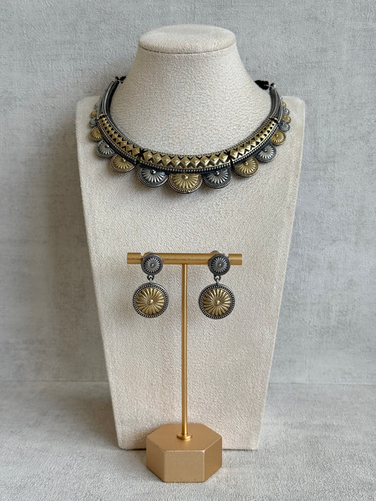 Ayura Designs Surmai Necklace Set with Earrings – Dual Tone Oxidised Necklace with Disc Motifs & Geometric Detailing