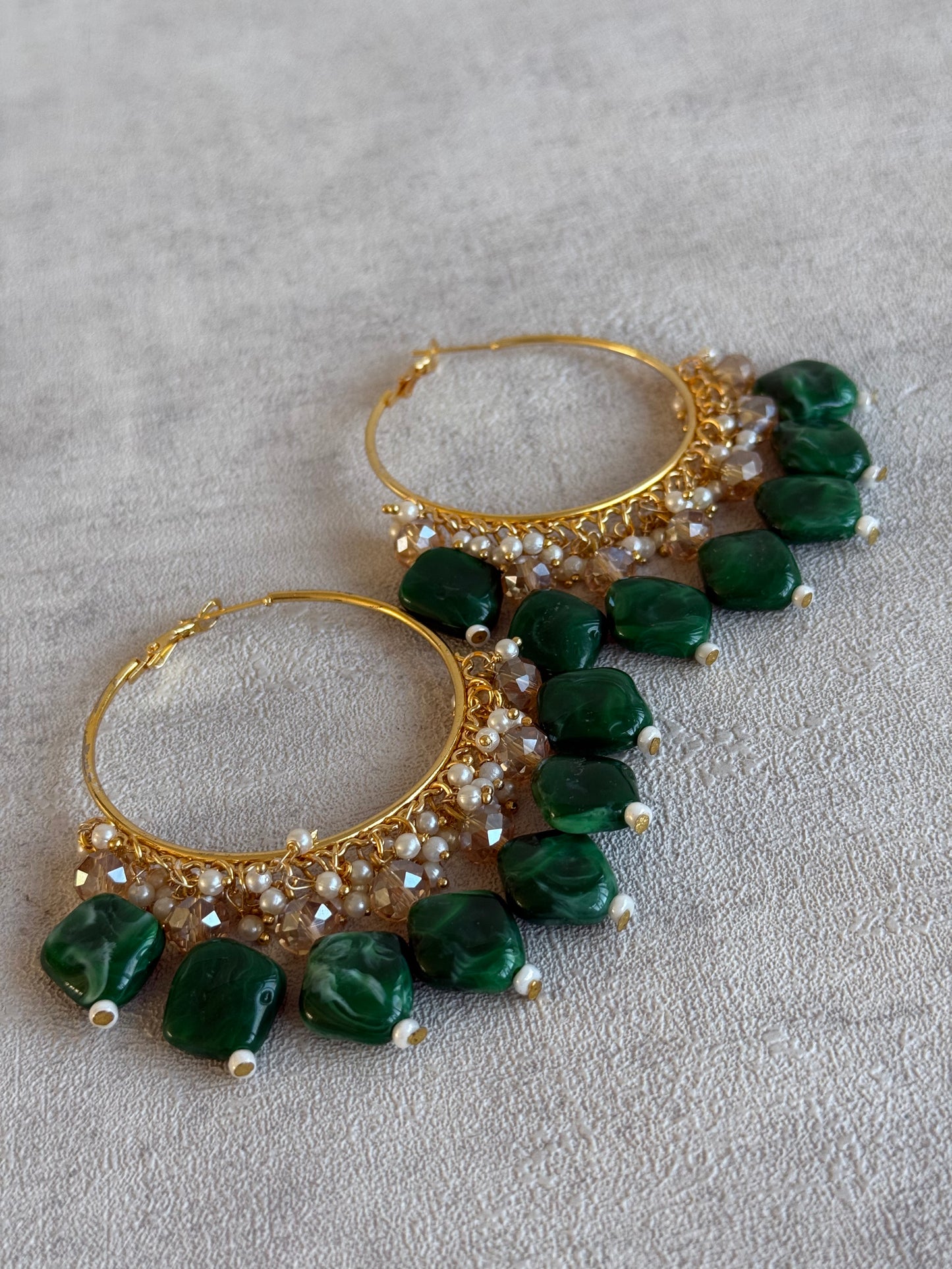 Ayura Designs Heer Balis – Gold Hoops with Forest Green Marble Beads, Pearls & Crystal Detailing