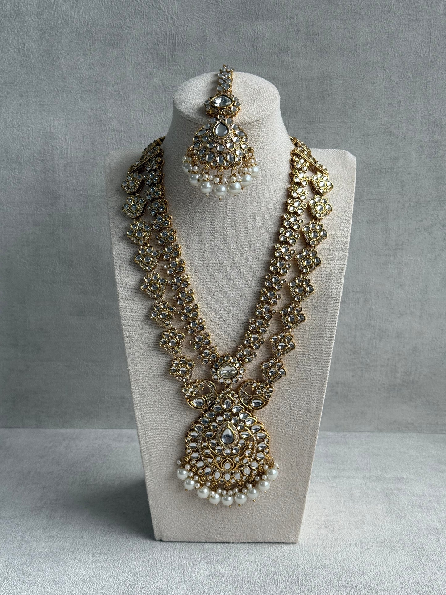 Ayura Designs Javeria Set with Earrings & Tikka – Ivory Pearls, Mirror Kundan & Gold Finish