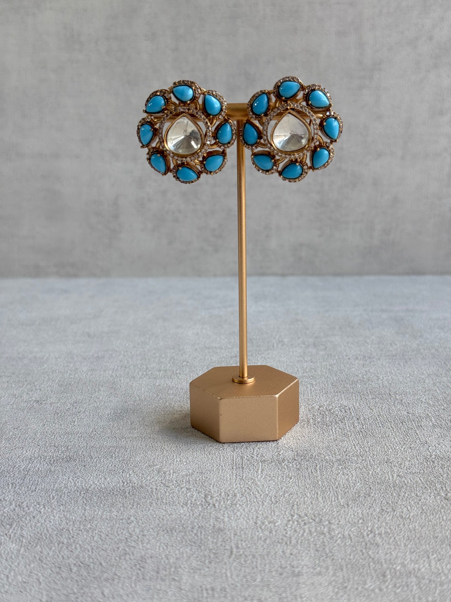 Ayura Designs Giana Stud Earrings – Turquoise Blue & Crystal Kundan with Gold Finish