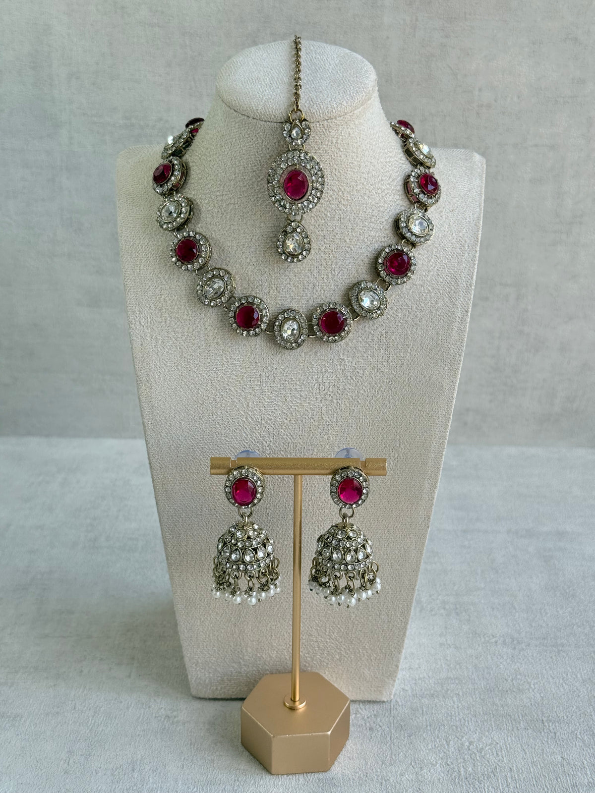 Ayura Designs Eira Necklace Set with Earrings & Tikka – Rani Pink & Crystal Stones with Antique Gold Finish