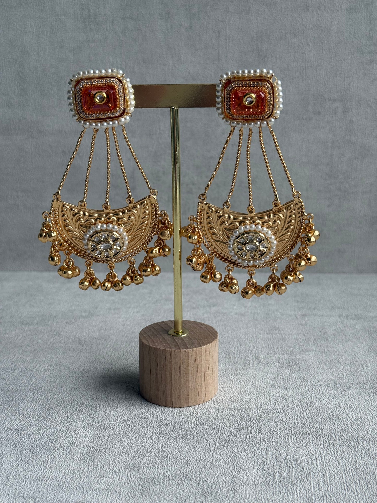 Ayura Designs Jheel Earrings – Amber Half-Moon Drops with Pearl Edging & Golden Ghungroos