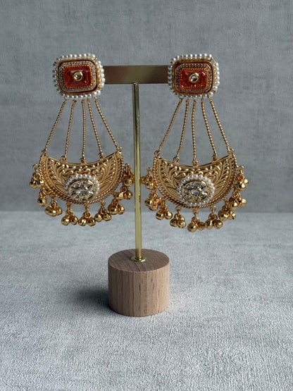 Ayura Designs Jheel Earrings – Amber Half-Moon Drops with Pearl Edging & Golden Ghungroos