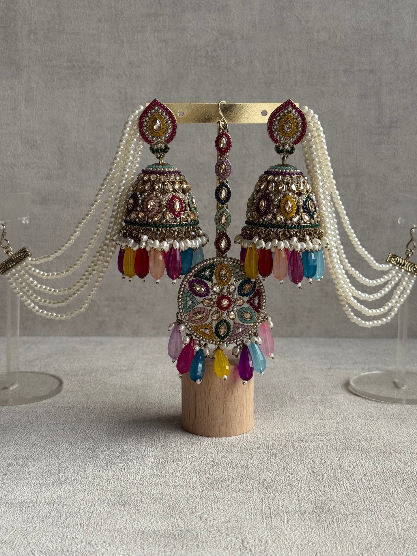 Ayura Designs Amrita Set – Jhumkis with Sahare & Tikka in Multicolour Beads, Pearls and Antique Gold Finish