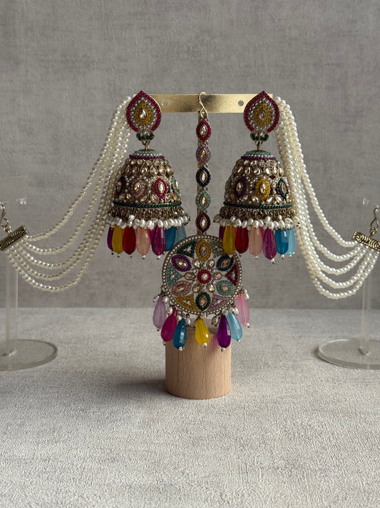 Ayura Designs Amrita Set – Jhumkis with Sahare & Tikka in Multicolour Beads, Pearls and Antique Gold Finish