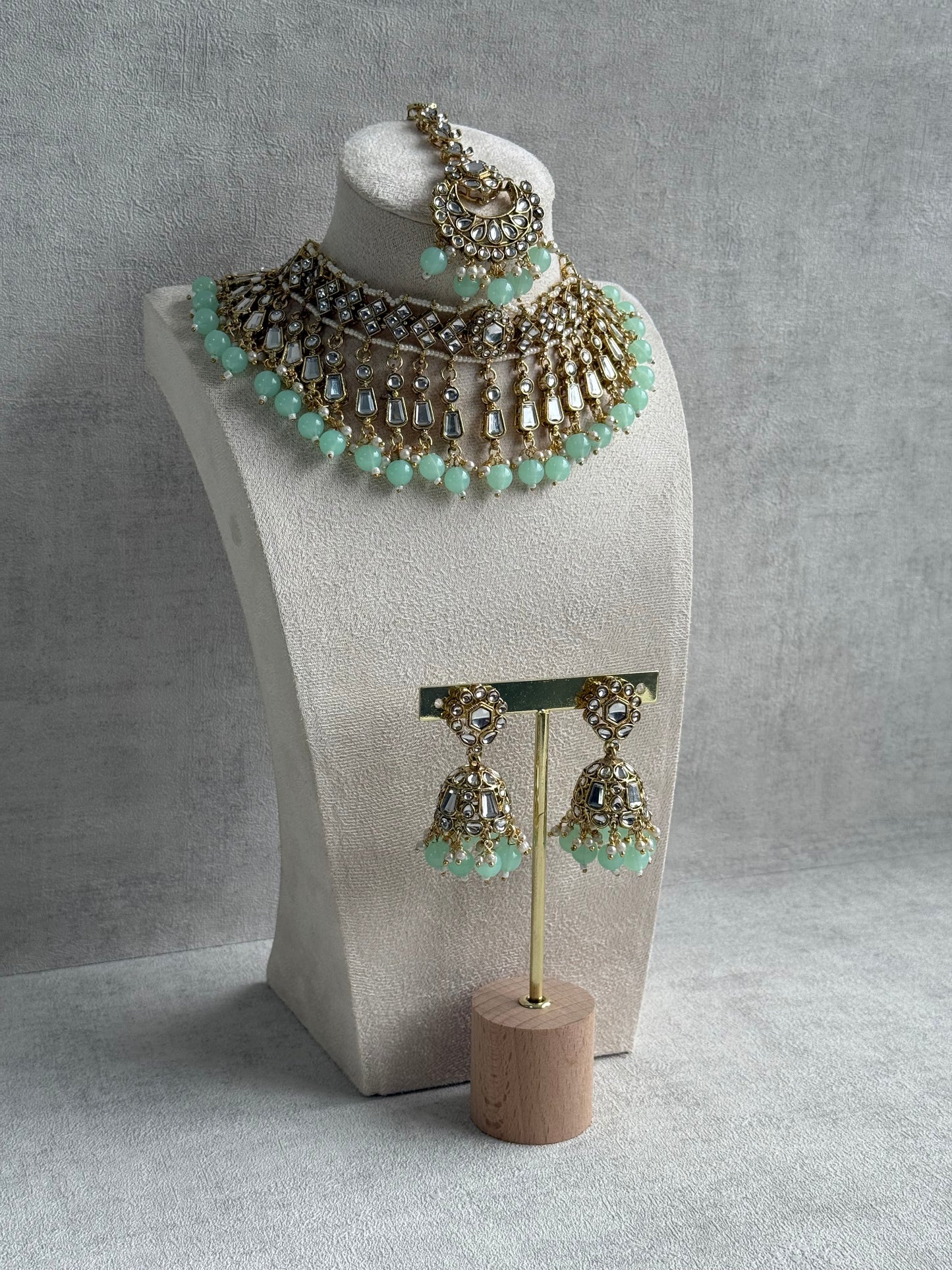 Ayura Designs Shaheen Set with Jhumkis & Tikka – Pistachio Green Beads, Mirror Kundan & Gold Finish