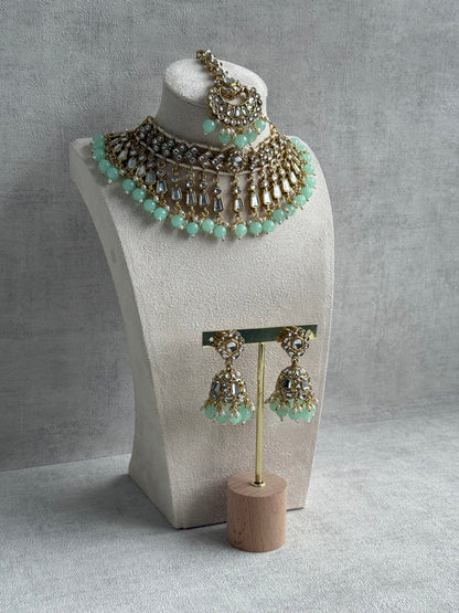 Ayura Designs Shaheen Set with Jhumkis & Tikka – Pistachio Green Beads, Mirror Kundan & Gold Finish
