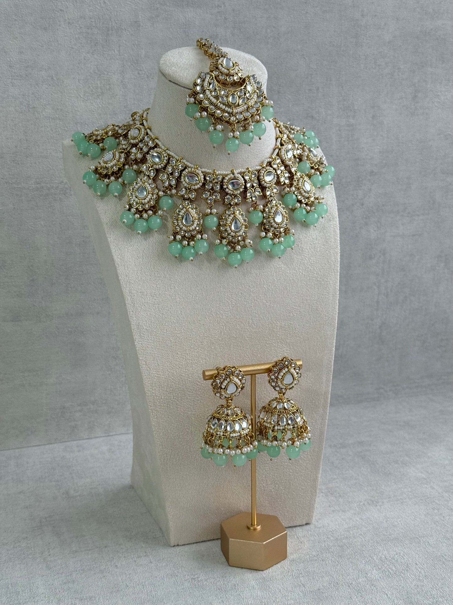 Ayura Designs Iyla Set with Necklace, Earrings & Tikka – Kundan Detailing, Ivory Pearl Drops & Mint Beads
