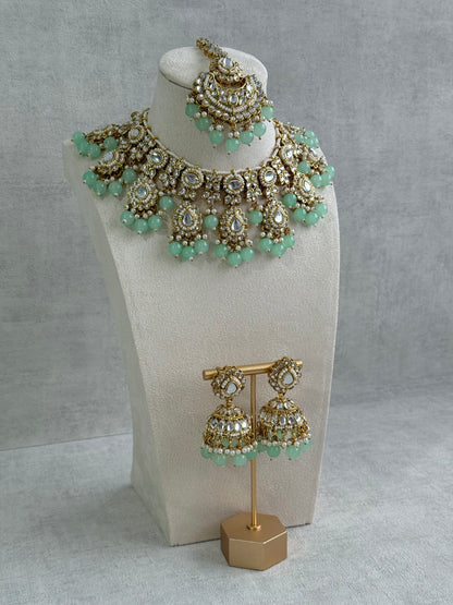 Ayura Designs Iyla Set with Necklace, Earrings & Tikka – Kundan Detailing, Ivory Pearl Drops & Mint Beads