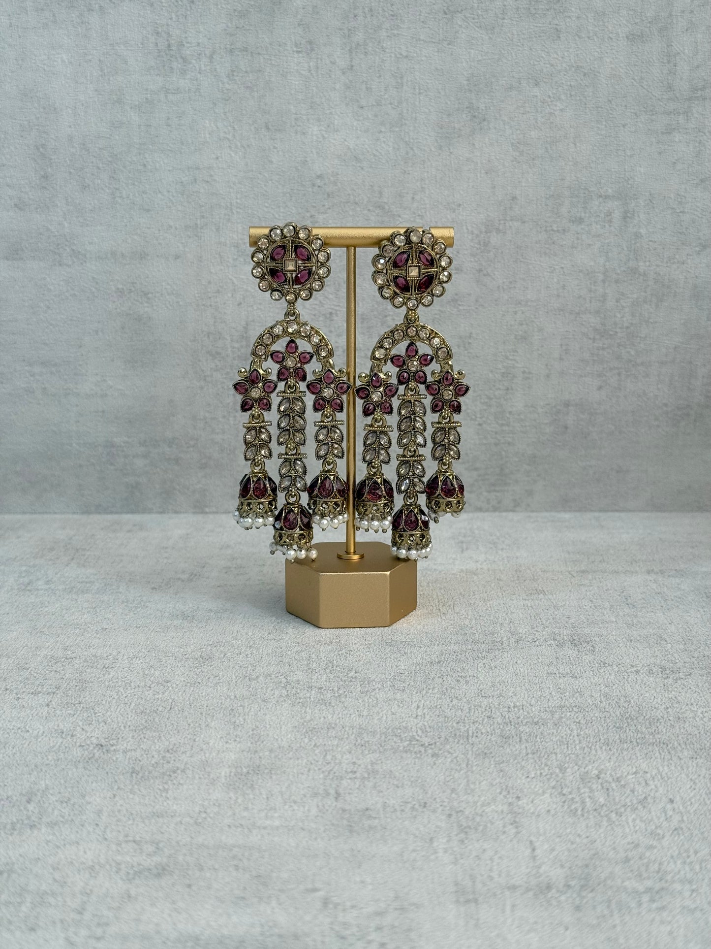 Ayura Designs Soraya Earrings – Deep Berry Stones, Champagne Crystals, Pearl Detailing & Gold Finish