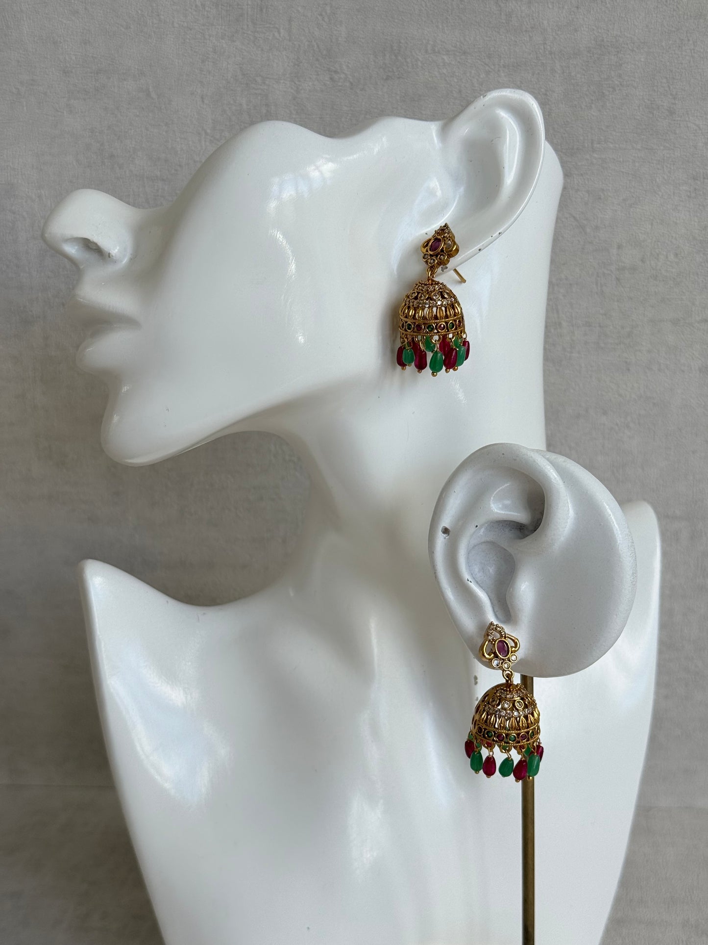 Ayura Designs Devi Jhumkis – Ruby Pink & Green Stones with Clear Stone Detailing & Gold Finish
