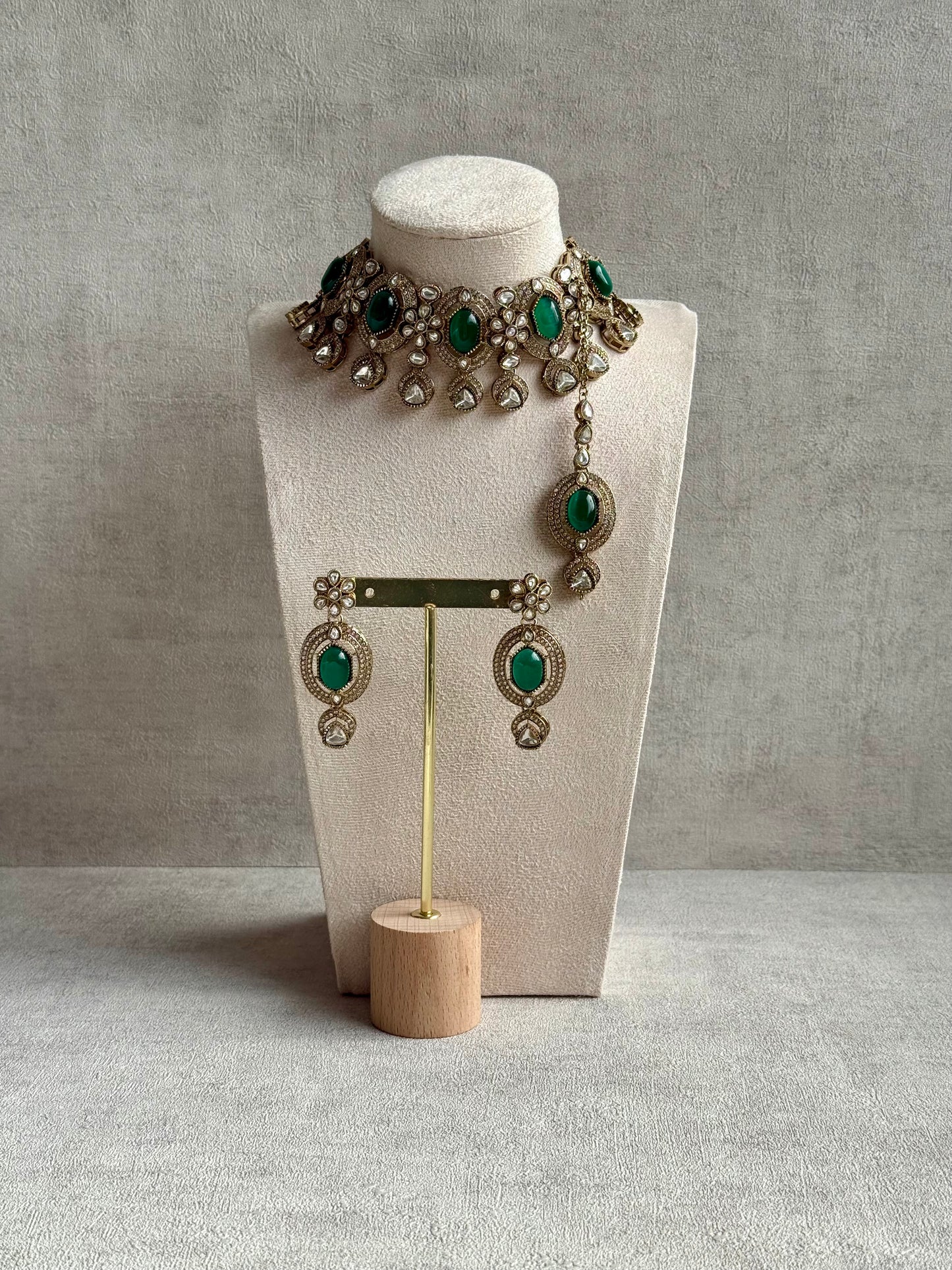 Ayura Designs Emanya Choker Set – Choker, Earrings & Tikka with Mirror-Cut Stones, Emerald Green & Antique Gold Detailing