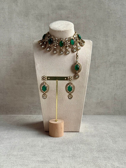 Ayura Designs Emanya Choker Set – Choker, Earrings & Tikka with Mirror-Cut Stones, Emerald Green & Antique Gold Detailing