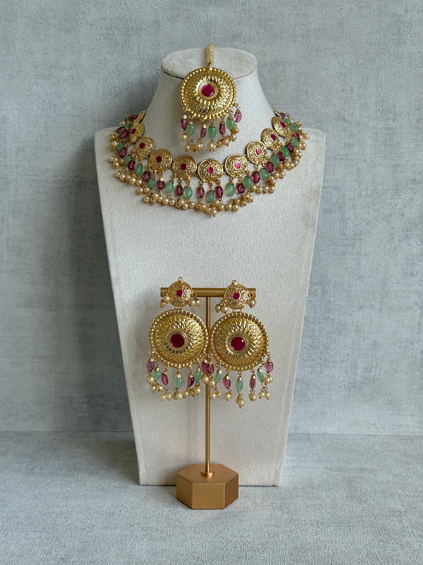 Ayura Designs Jyoti Set with Earrings & Tikka – Gold Disc Necklace with Ruby Pink, Mint Green & Pearl Detailing