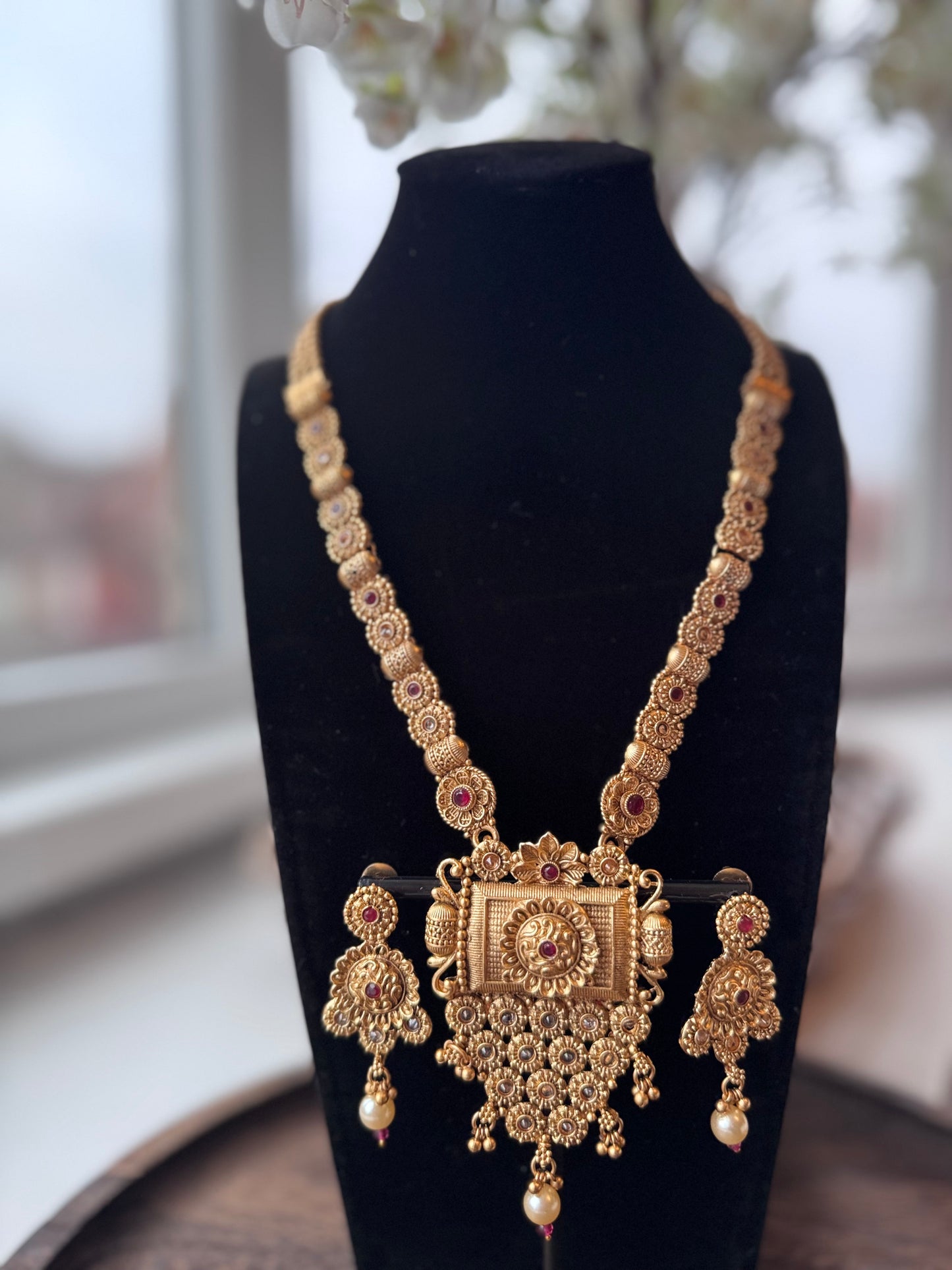 Ayura Designs Gold Mala & Earrings with Red Stones