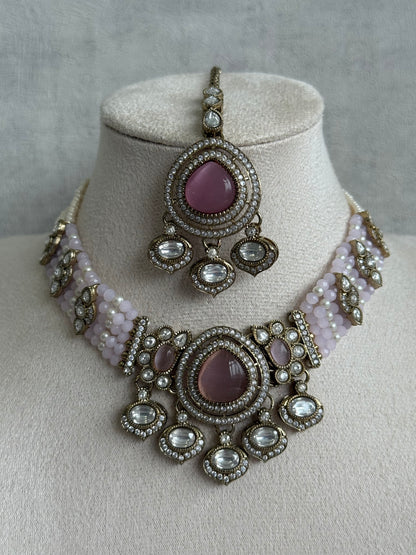 Ayura Designs Rahi Necklace Set with Earrings & Tikka – Blush Pink Stones with Mirror-Cut Detailing & Pearl Strands