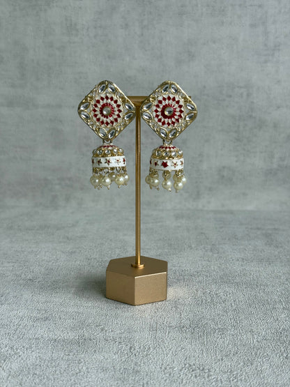 Ayura Designs Rangoli Jhumkis – Ivory & Ruby Red Meenakari with Pearl Drops in Antique Gold Finish