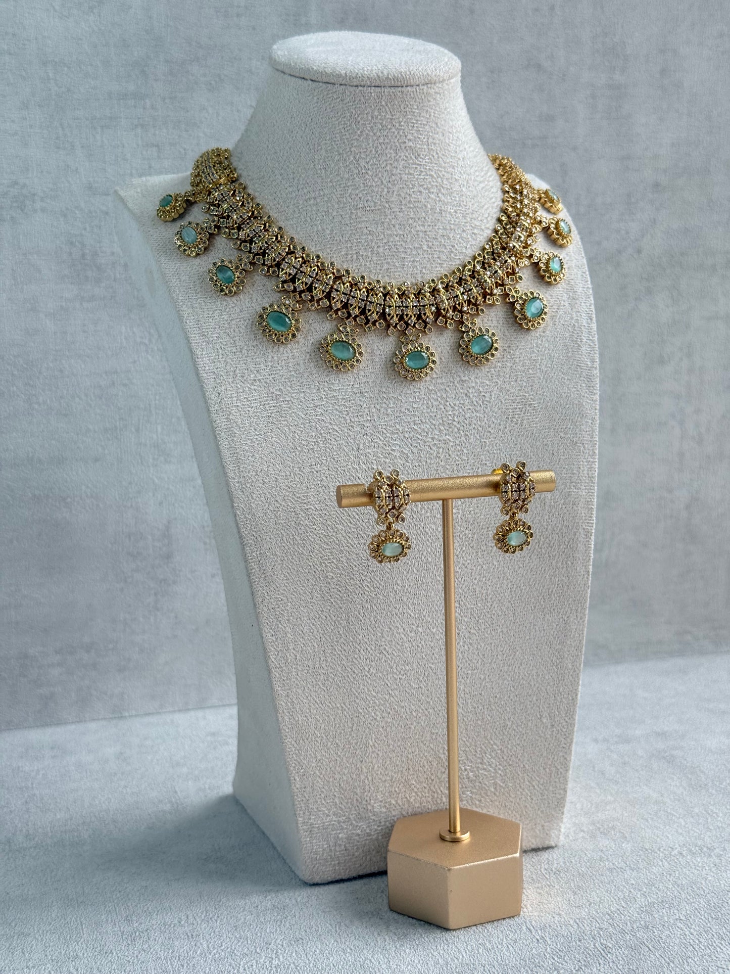Ayura Designs Elisha Necklace Set with Earrings – Mint Green & Crystal Stone Detailing
