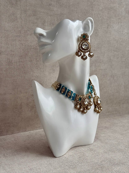 Ayura Designs Rahi Necklace Set with Earrings & Tikka – Teal Blue Stones with Mirror-Cut Detailing & Pearl Strands