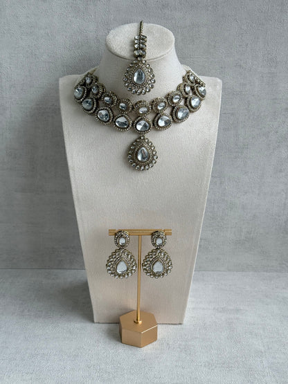 Ayura Designs Tamara Set with Necklace, Earrings & Tikka – All Mirror-Cut Stones with Kundan Detailing in Antique Gold Finish