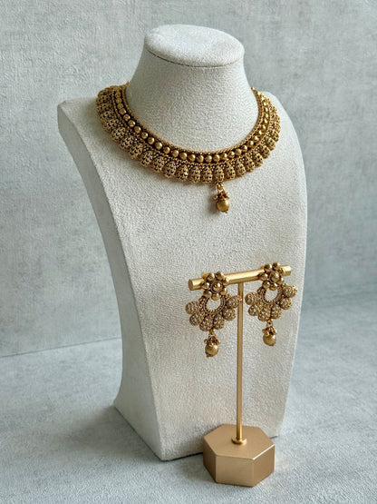 Ayura Designs Chirag Necklace Set with Earrings – Matte Gold Textured Dome Drops
