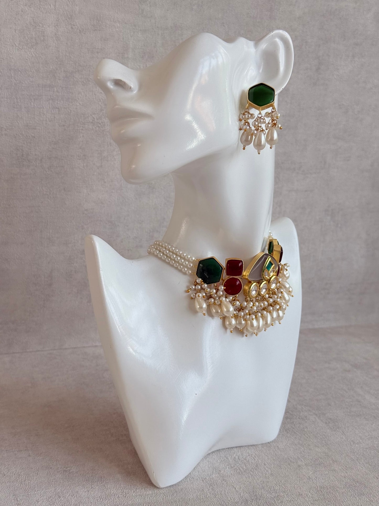 Ayura Designs Vahida Choker Set with Earrings – Multicolour Stone Choker with Pearl Drops & Kundan Detailing