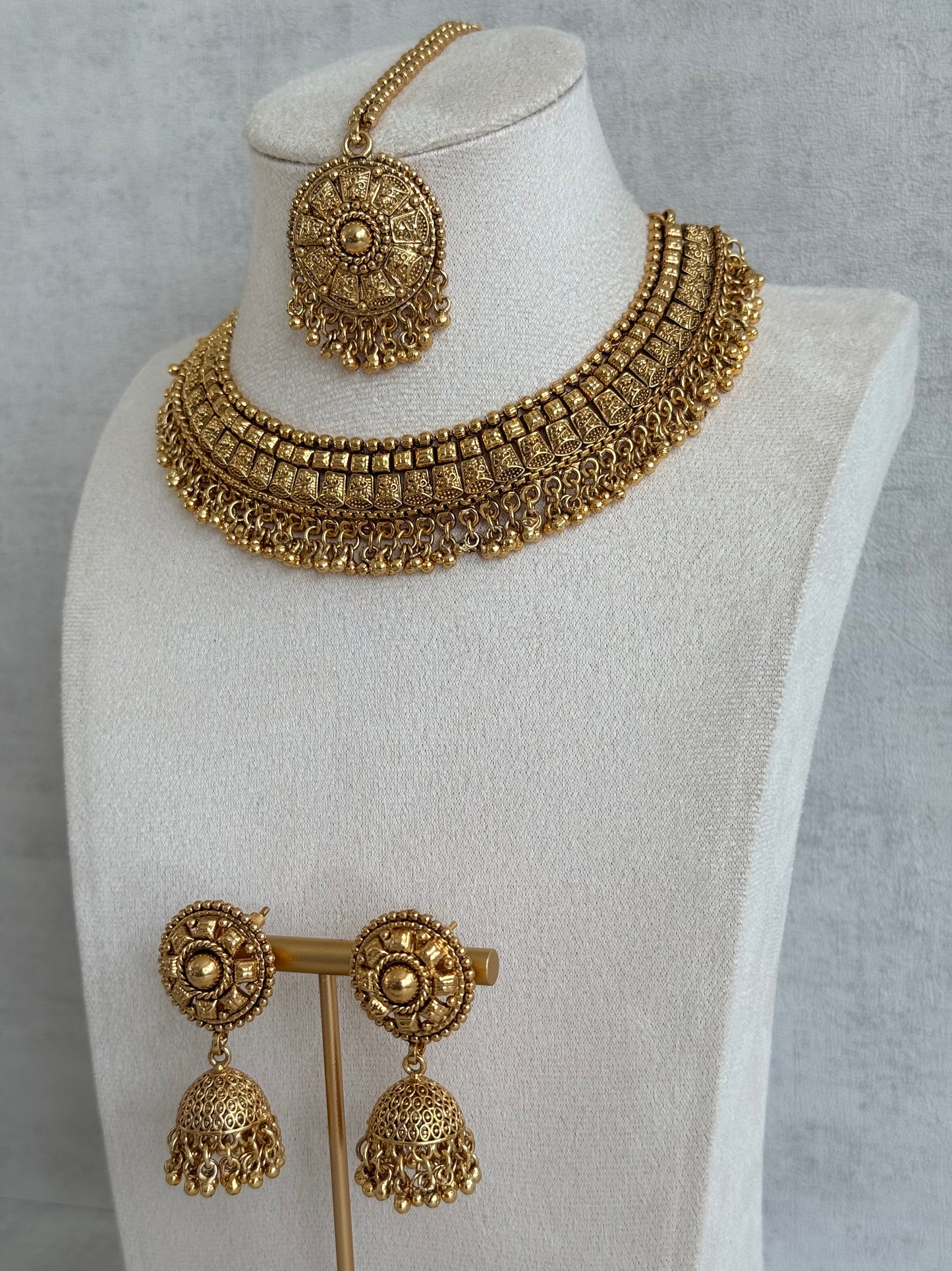 Ayura Designs Iksirat Necklace Set with Jhumkis & Tikka – Gold Heritage Design with Ghungroo Detailing