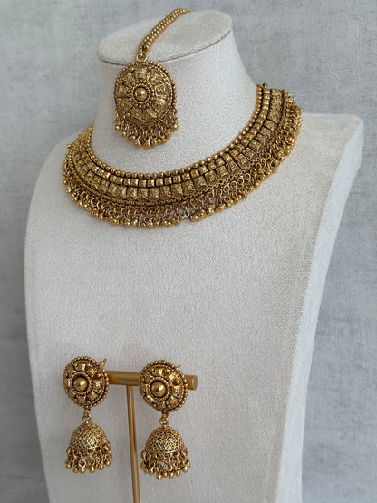 Ayura Designs Iksirat Necklace Set with Jhumkis & Tikka – Gold Heritage Design with Ghungroo Detailing