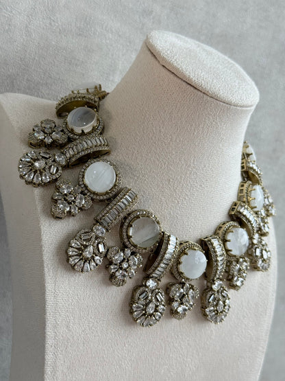 Ayura Designs Aabira Necklace Set with Earrings – White Marble Stones with Moissanite Style Detailing