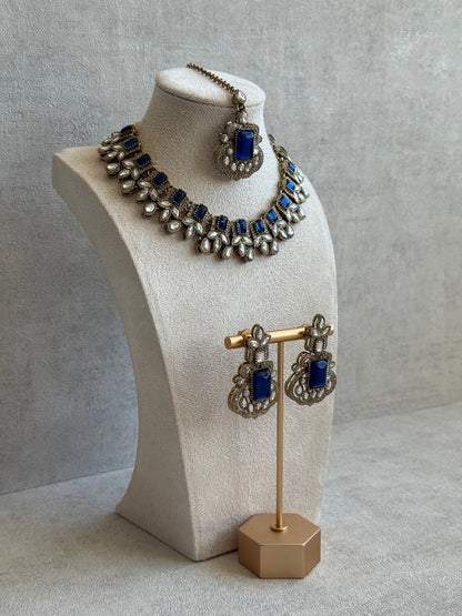 Ayura Designs Olivia Set with Necklace, Earrings & Tikka – Navy Blue Stones, Pear-Cut White Accents & Antique Gold Finish