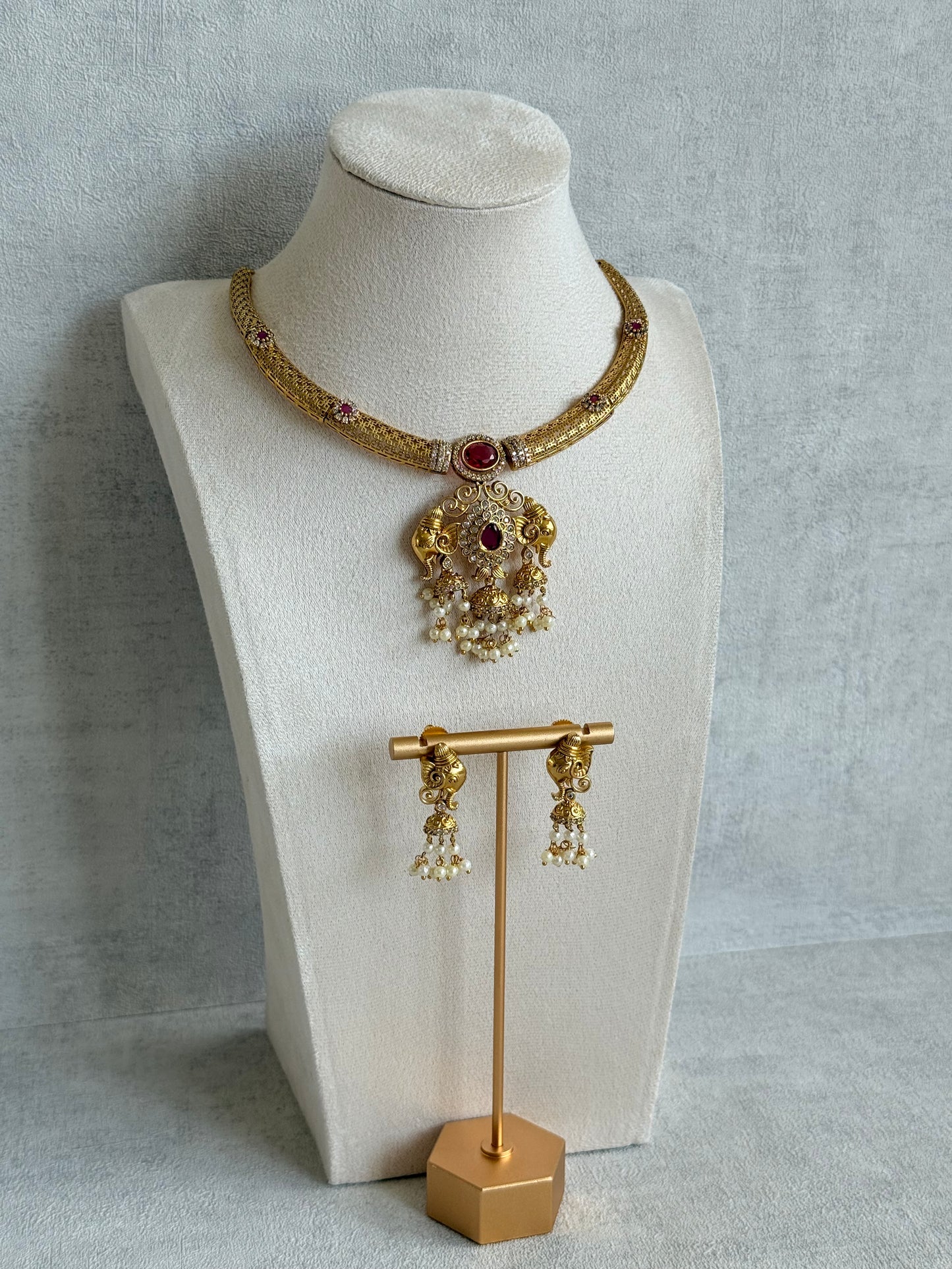 Ayura Designs Wadha Collar Necklace Set with Earrings – Gold Elephant Pendant & Ruby Red Stone Detailing
