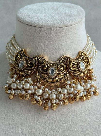 Ayura Designs Sneha Choker Set with Earrings & Tikka – Ivory Beads, Layered Pearl Detailing, Ghungroos & Antique Gold Finish