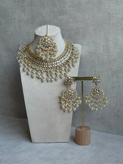 Ayura Designs Fakhra Set with Necklace, Earrings & Tikka – Mirror-Cut Stones, Pearl Detailing & Gold Finish
