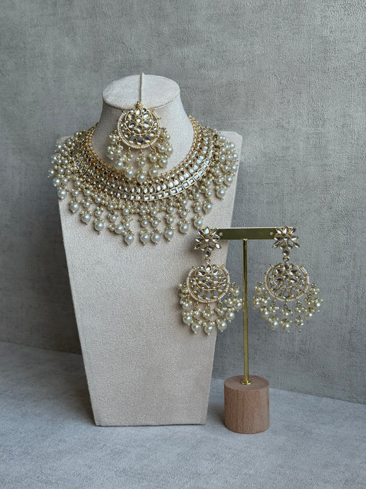 Ayura Designs Fakhra Set with Necklace, Earrings & Tikka – Mirror-Cut Stones, Pearl Detailing & Gold Finish