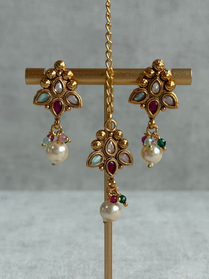 Ayura Designs Oorvi Set – Necklace, Earrings & Tikka with Mirror-Cut Multicolour Stones & Polished Gold Finish
