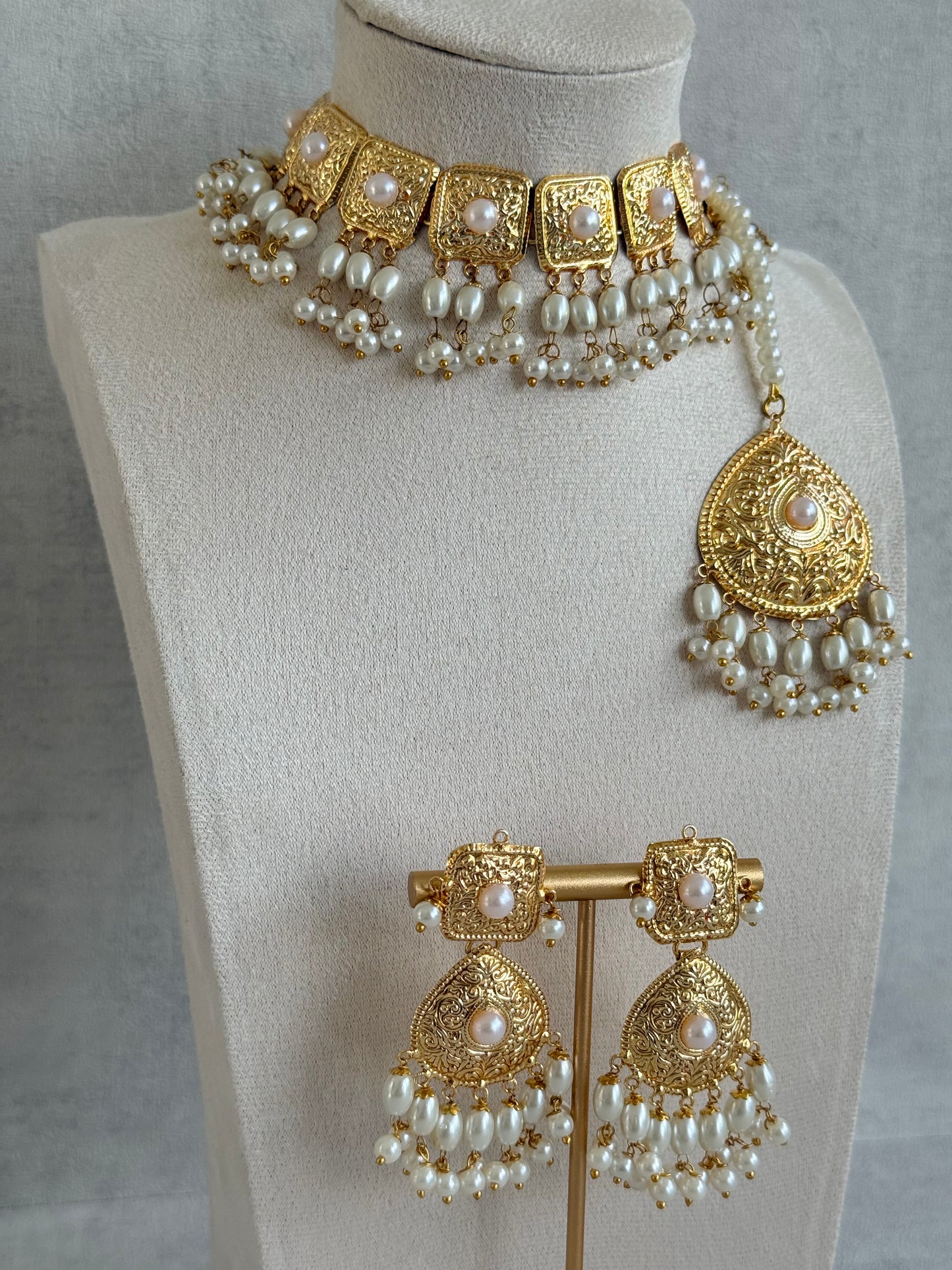 Ayura Designs Chetna Choker Set with Earrings & Tikka – Ivory Pearl Beads & Pearl Drops with Pipal Patti Detailing