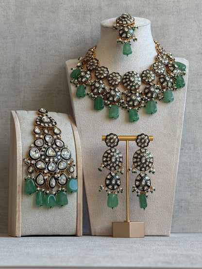 Ayura Designs Sumaira Set with Passa – Necklace, Earrings, Tikka & Passa with Kundan, Green Meenakari Detailing & Jade Green Drops