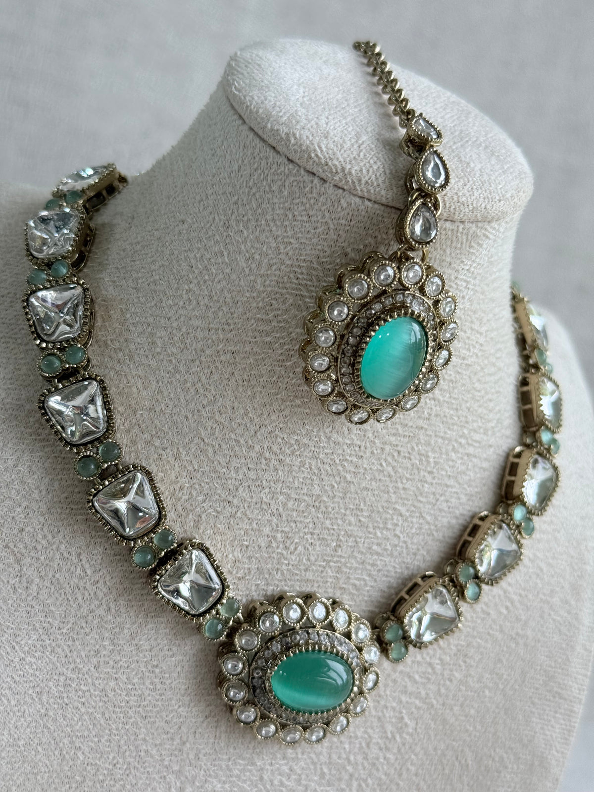 Ayura Designs Inza Necklace Set – Aqua Green Stones, Kundan & Crystals with Antique Gold Finish