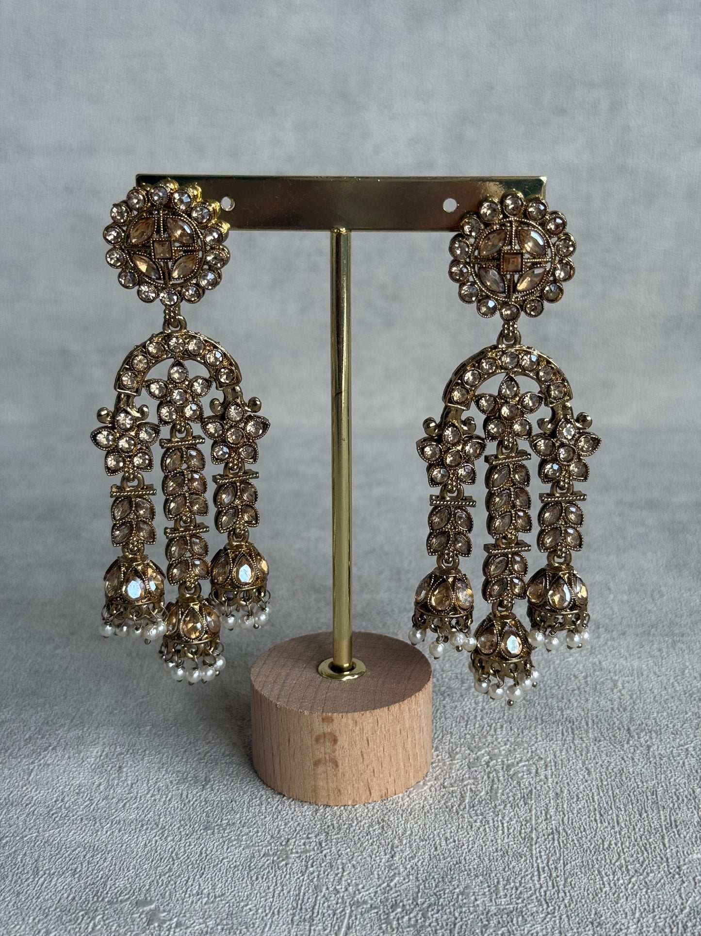 Ayura Designs Soraya Earrings – Champagne Stones, Mirror-Cut Crystals, Pearl Detailing & Gold Finish